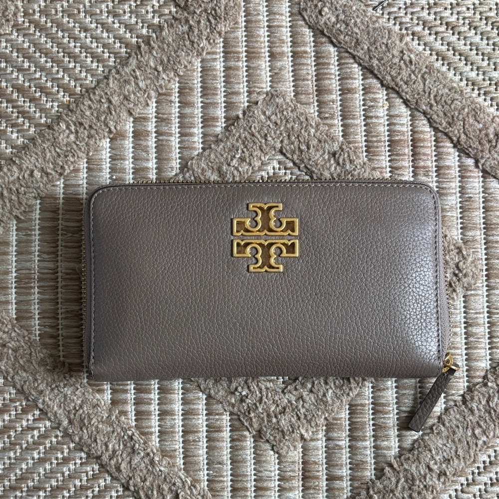 Tory Burch Taupe Wallet with Gold Logo